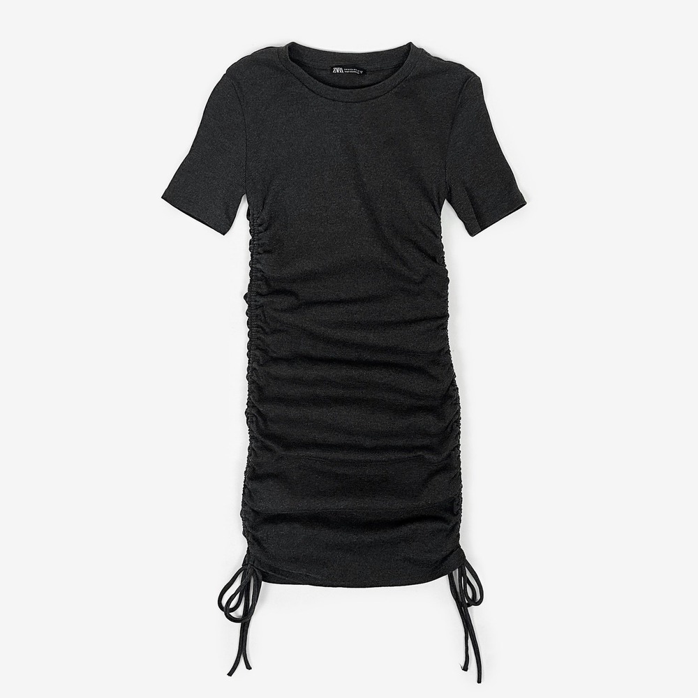 Zara‎ Ribbed Ruched Mini Dress Size M Dark Gray Casual Minimalist Grunge Edgy